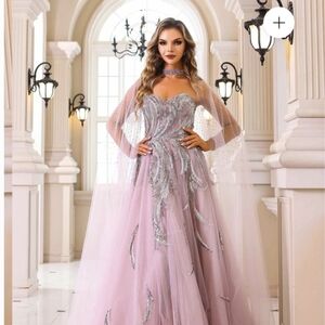 Terani Couture Pink Maxi Dress with Silver Embellishments